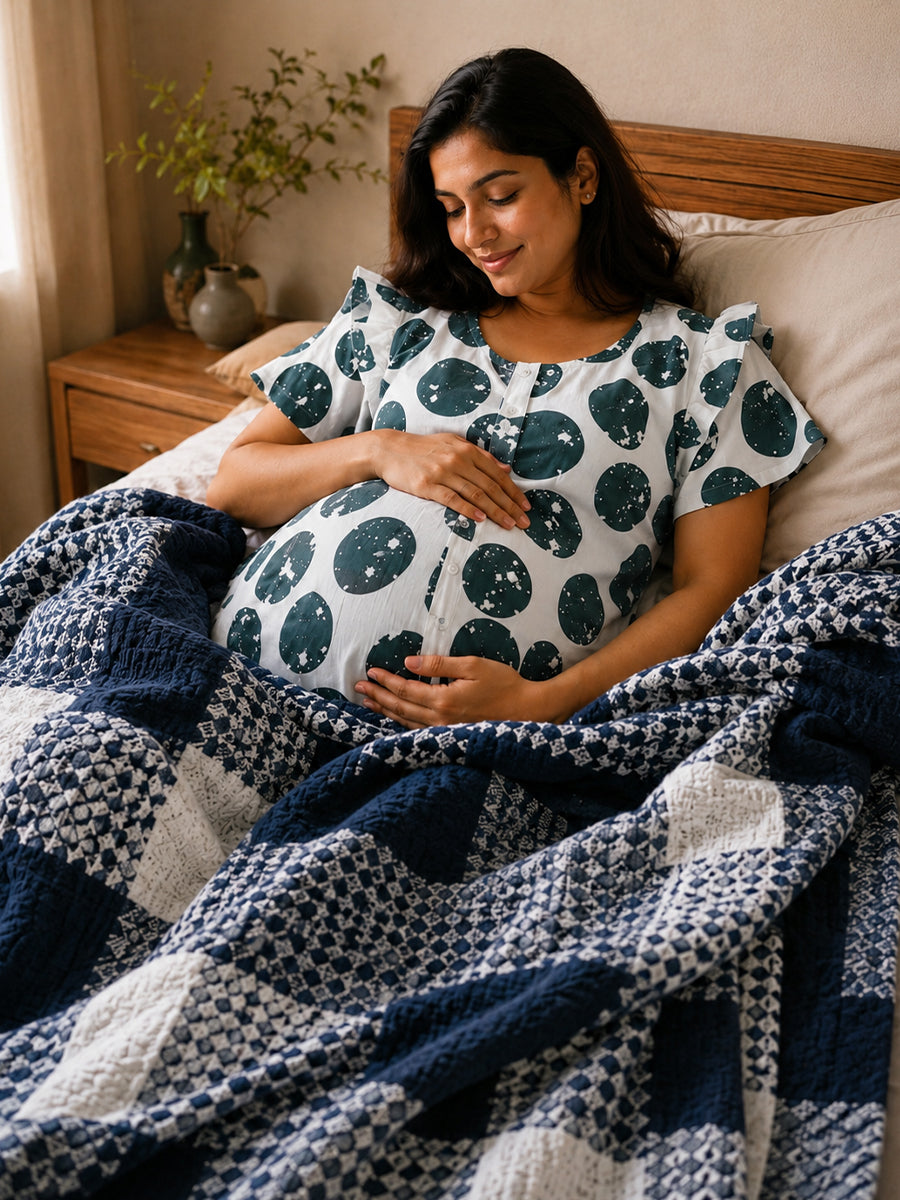 Ziva Premium Organic Cotton Waffle Blanket | Navy Blue & White | Multipurpose Pregnancy to Family Blanket | Soft & Breathable |Size- King, Queen, Twin
