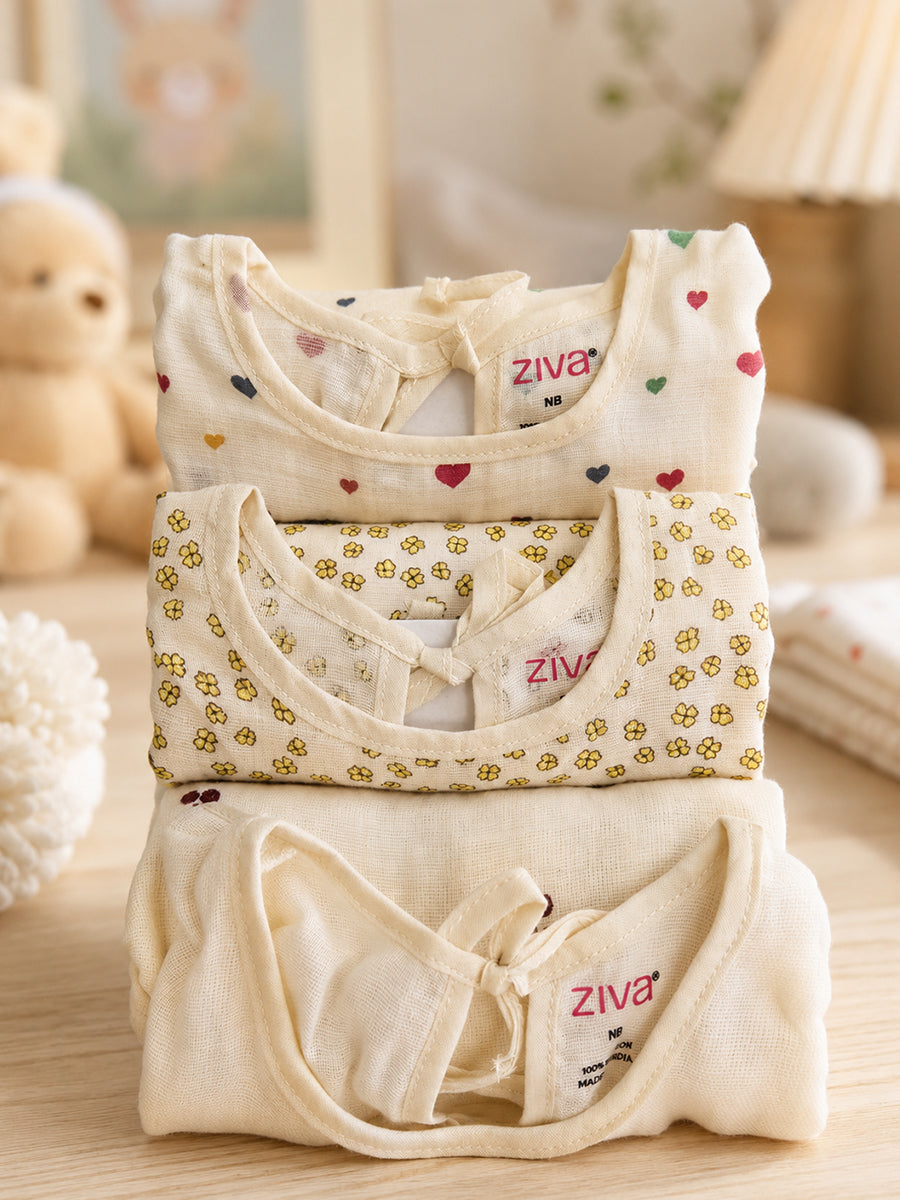 Ziva Premium Muslin Baby Jabla – Side Open Tie-Up | Pack of 3 Assorted Prints (Print Details: Check Product Description)