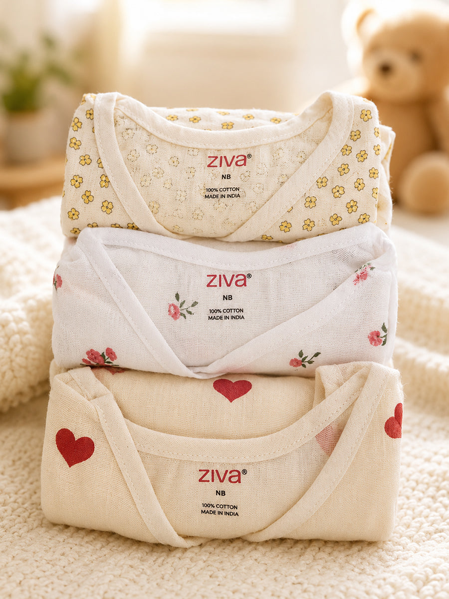 Ziva Premium Muslin Baby Jabla – Side Open Overlap Press Button | Pack of 3 Assorted Prints (Print Details: Check Product Description)