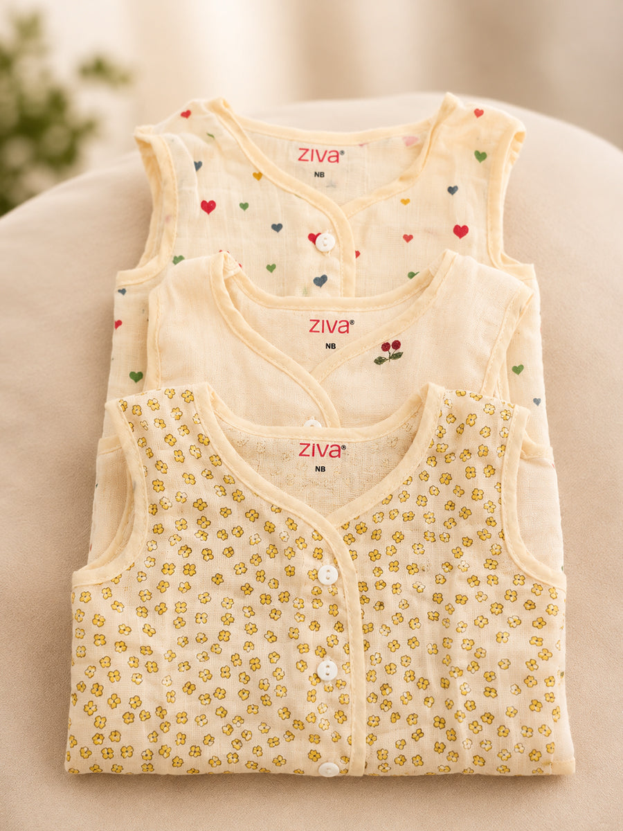 Ziva Premium Muslin Baby Jabla – Front Button | Pack of 3 Assorted Prints (Print Details: Check Product Description)