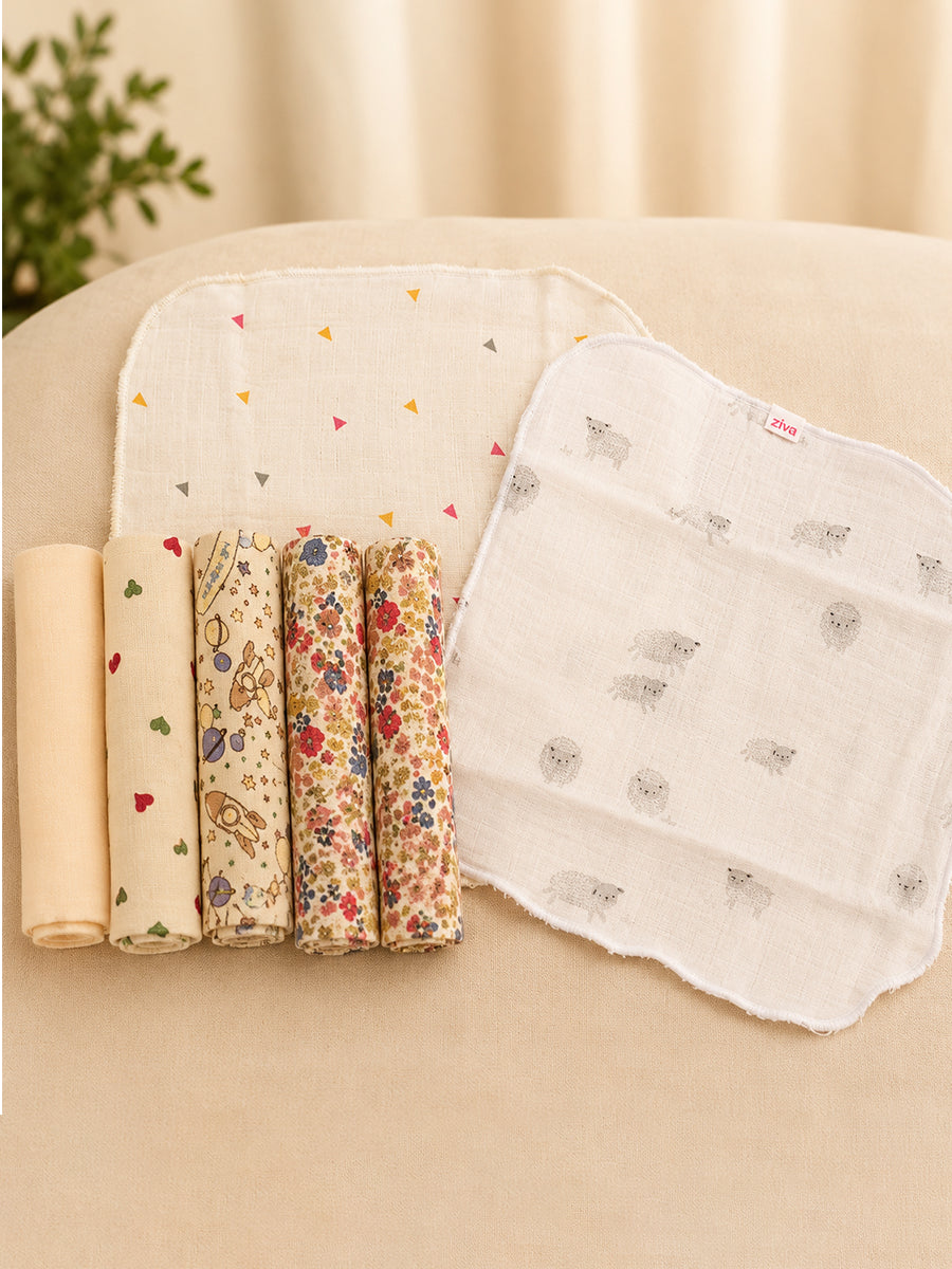 Ziva Baby Wipes – Double Layer Muslin Cotton | 9 × 9 Inch | Multicolor Mini Triangle Assorted Print | Pack of 6