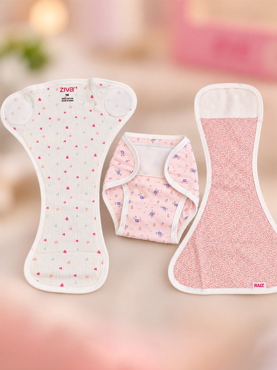 Ziva 3 Piece Velcro Nappy – Baby Girl | Premium Knitted Cotton | Lightly Padded Attached Insert | Assorted Pink & Off-White Prints