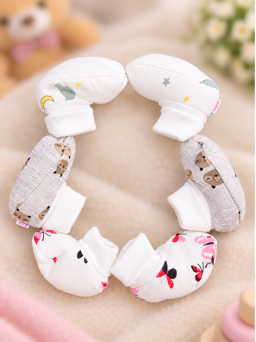 Ziva Premium Baby Booties – Pack of 3 Pairs | Knitted Cotton | Assorted Unisex Prints – Teddy, Butterfly & Cloud & Star Theme (Print & Colour Details: Check Product Description)