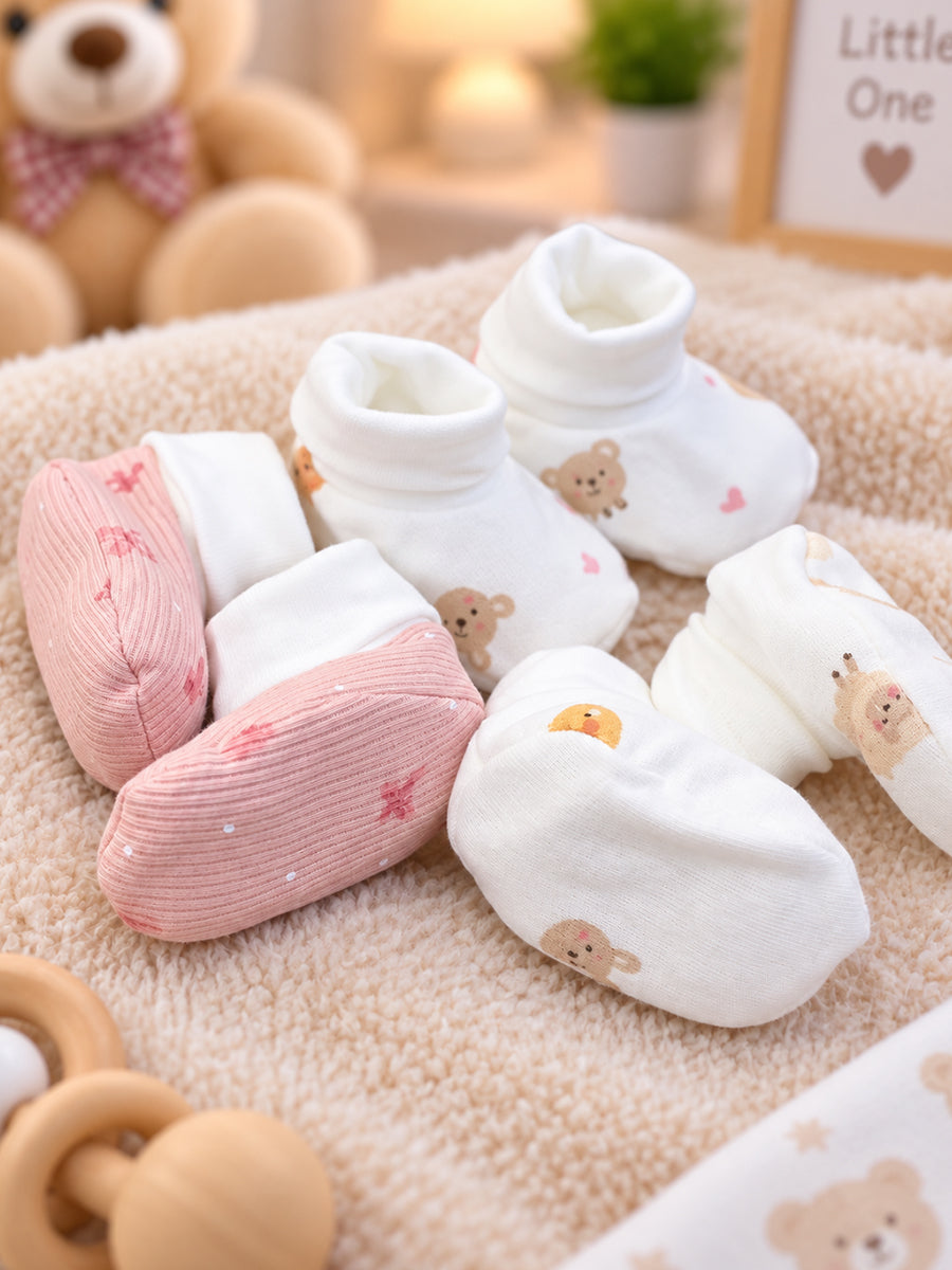 Ziva Premium Baby Booties – Pack of 3 Pairs | Knitted Cotton | Assorted Baby Girl Prints – Pink Bow, Teddy & Pastel Dot Theme (Print & Colour Details: Check Product Description)