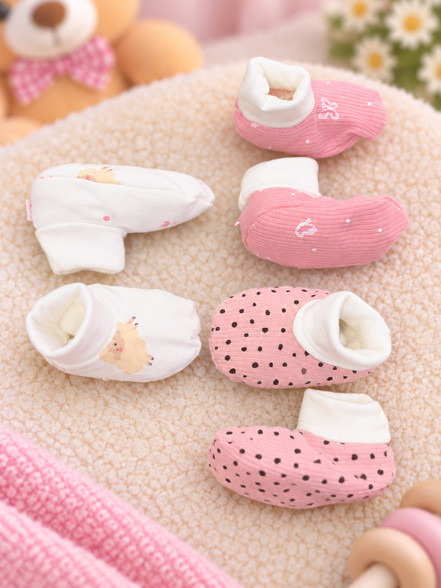 Ziva Premium Baby Booties – Pack of 3 Pairs | Knitted Cotton | Assorted Baby Girl Prints – Pink Dot, Butterfly & Teddy Theme (Print & Colour Details: Check Product Description)