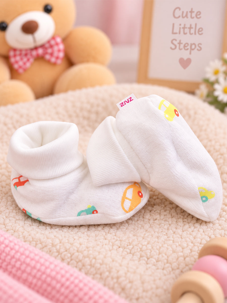 Ziva Premium Baby Booties – Pack of 3 Pairs | Knitted Cotton | Assorted Baby Boy Prints – Vehicle, Teddy & Minimal Character Theme (Print & Colour Details: Check Product Description)