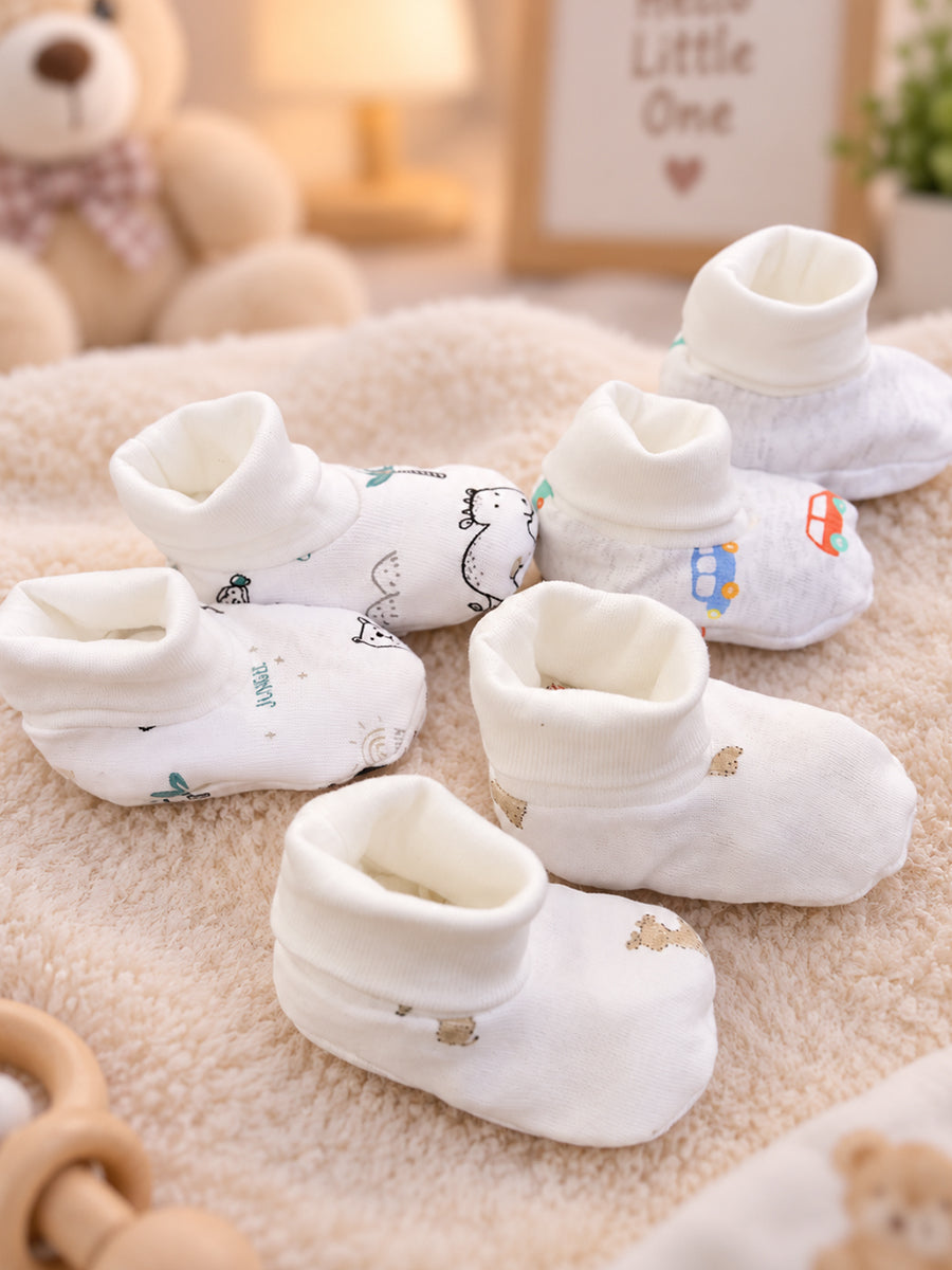 Ziva Premium Baby Booties – Pack of 3 Pairs | Knitted Cotton | Assorted Baby Boy Prints – Vehicle, Jungle & Minimal Theme (Print & Colour Details: Check Product Description)