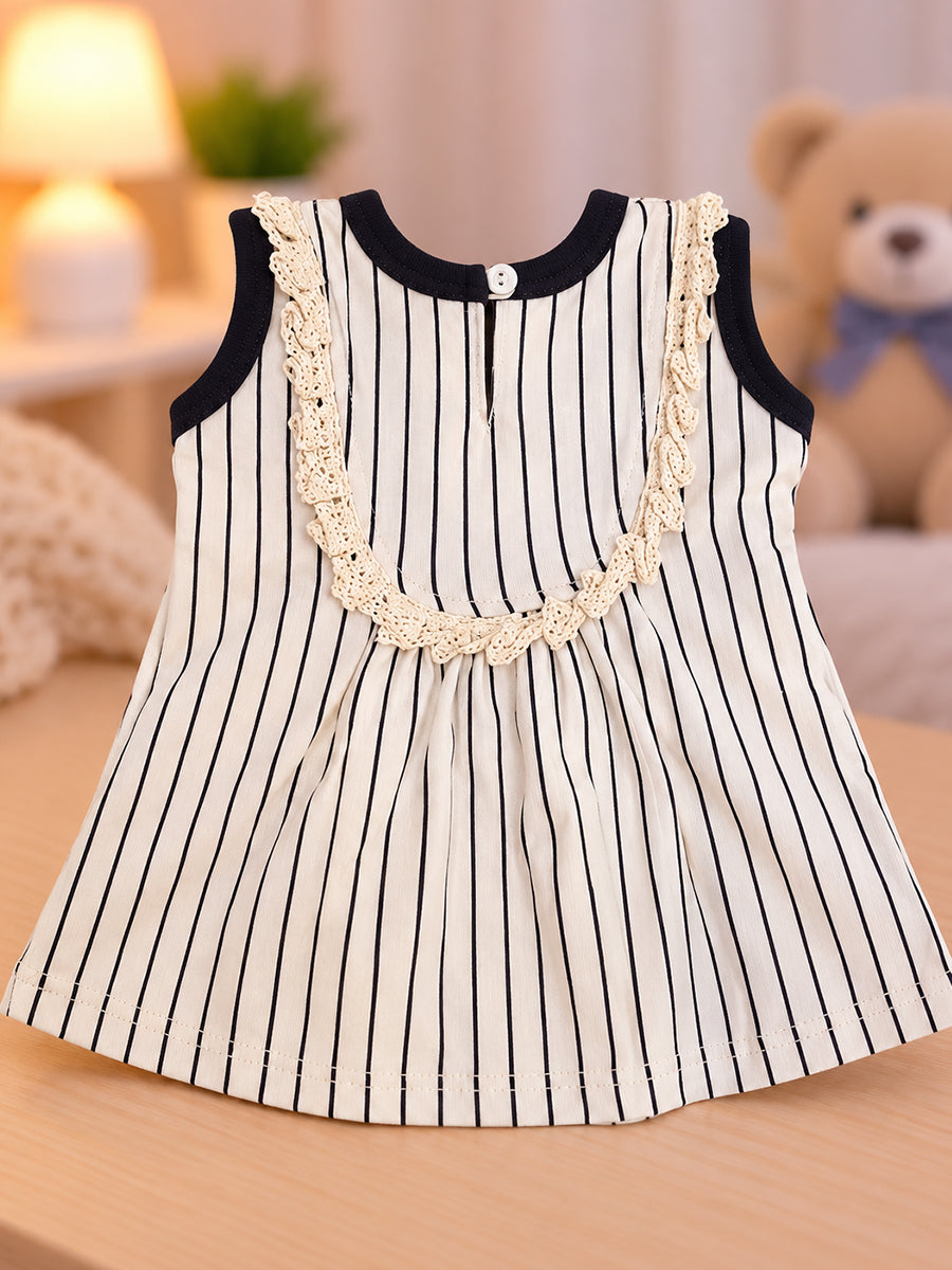 Ziva Baby Girl Frock with Pantie – Off White & Black Vertical Stripe | Elegant Lace Yoke | Premium Knitted Cotton | 2-Piece Set