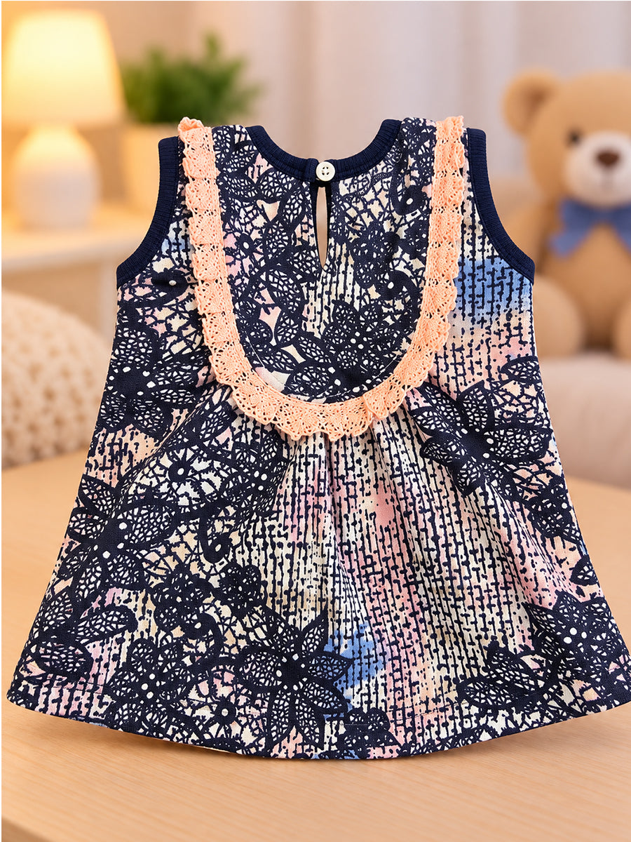 Ziva Baby Girl Frock with Pantie – Blush Peach & Navy Floral Lace Print | Premium Knitted Cotton | Lace Yoke | 2-Piece Set