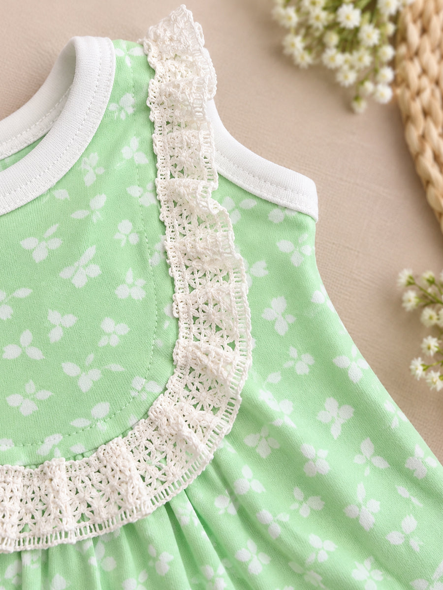 Ziva Baby Girl Frock with Pantie – Mint Green Tiny Floral Print | Premium Knitted Cotton | White Lace Yoke | 2-Piece Set
