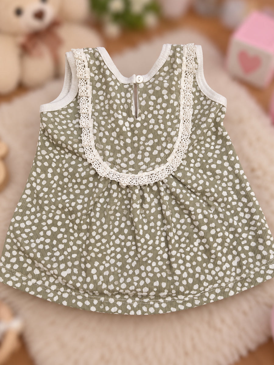 Ziva Baby Girl Frock with Pantie – Olive Sage White Dot Print | Premium Knitted Cotton | White Lace Yoke | 2-Piece Set
