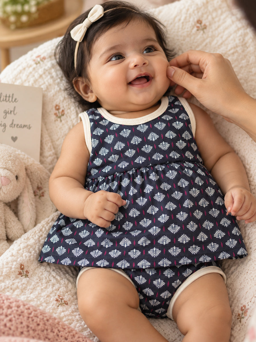 Ziva Baby Girl Frock with Pantie – Navy Blue Ethnic Motif Print | Premium Knitted Cotton | Back Adjustable Knot Tie | 2-Piece Set