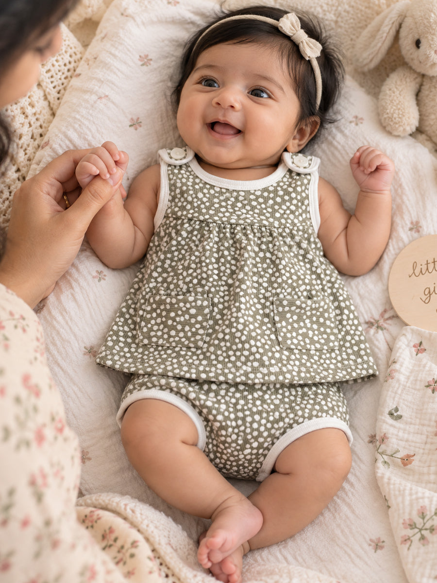 Ziva Baby Girl Frock with Pantie – Sage Olive Pebble Print | Premium Knitted Cotton | Shoulder Buttons & Front Pockets | 2-Piece Set