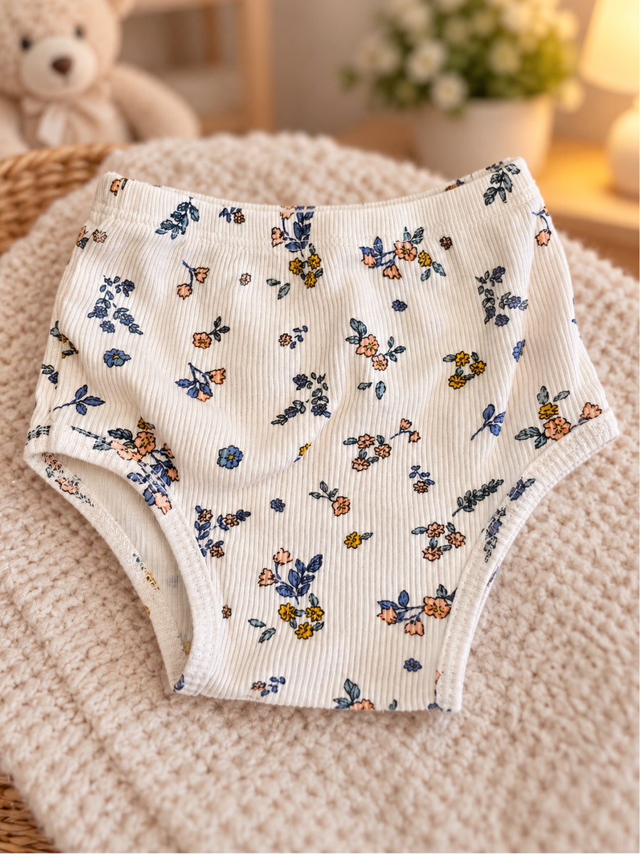 Ziva Baby Girl Frock with Pantie – Soft Cream Blue & Peach Floral Print | Premium Knitted Cotton | Shoulder Buttons & Front Pockets | 2-Piece Set