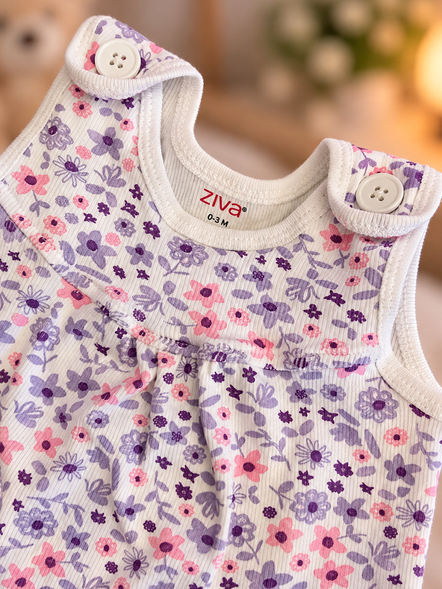 Ziva Baby Girl Frock with Pantie – Soft Cream Lavender & Pink Floral Print | Premium Knitted Cotton | Shoulder Buttons & Front Pockets | 2-Piece Set