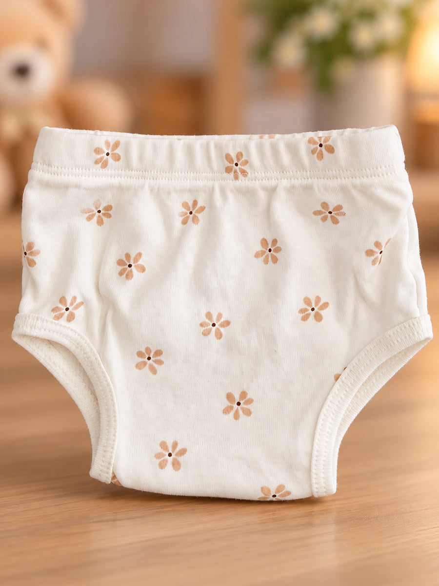 Ziva Baby Girl Frock with Pantie – Off White Beige Daisy Print | Premium Knitted Cotton | Back Knot Tie | 2-Piece Set