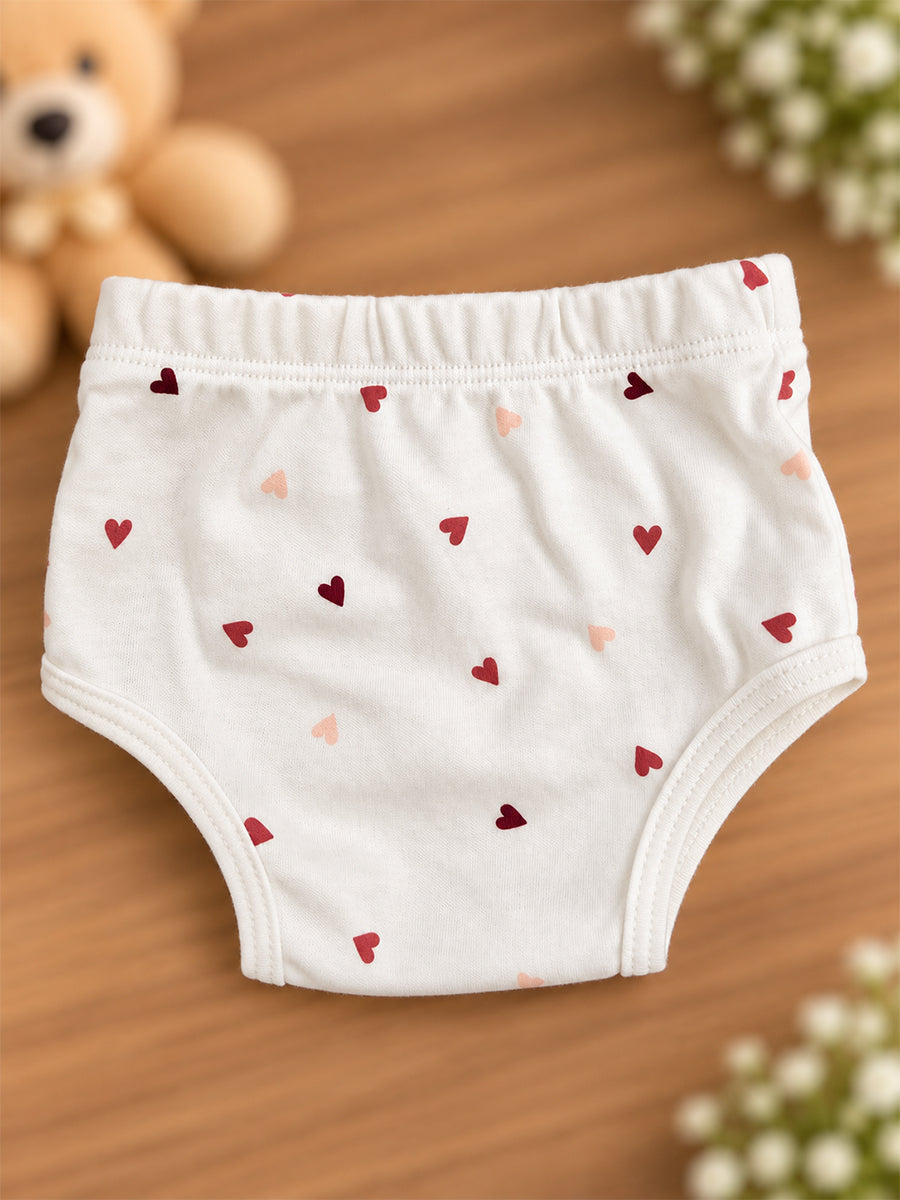 Ziva Baby Girl Frock with Pantie – Off White Multicolour Tiny Heart Print | Premium Knitted Cotton | Back Knot Tie | 2-Piece Set