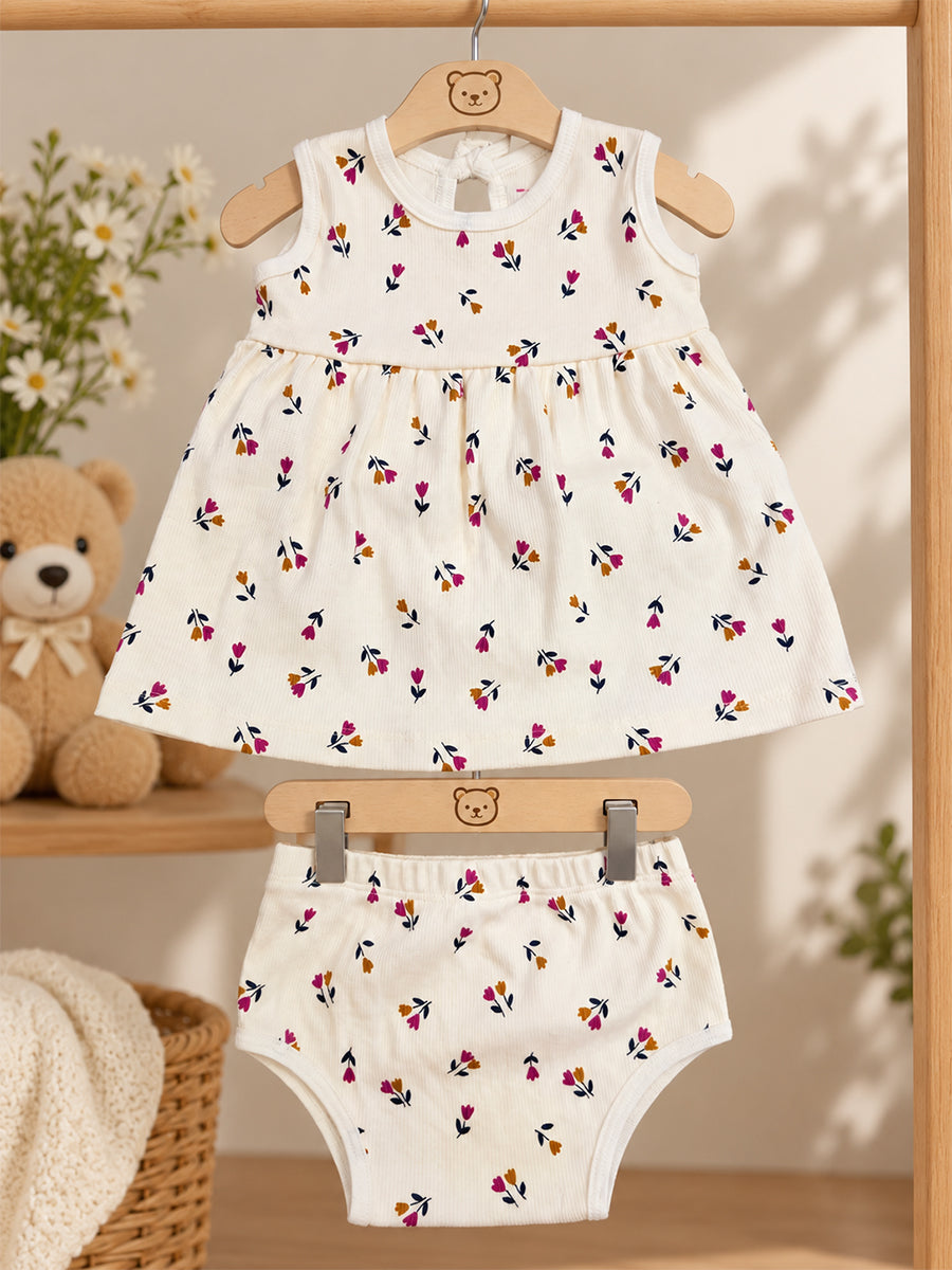 Ziva Baby Girl Frock with Pantie – Off White Tiny Tulip Floral Print | Premium Knitted Cotton | Back Knot Tie | 2-Piece Set