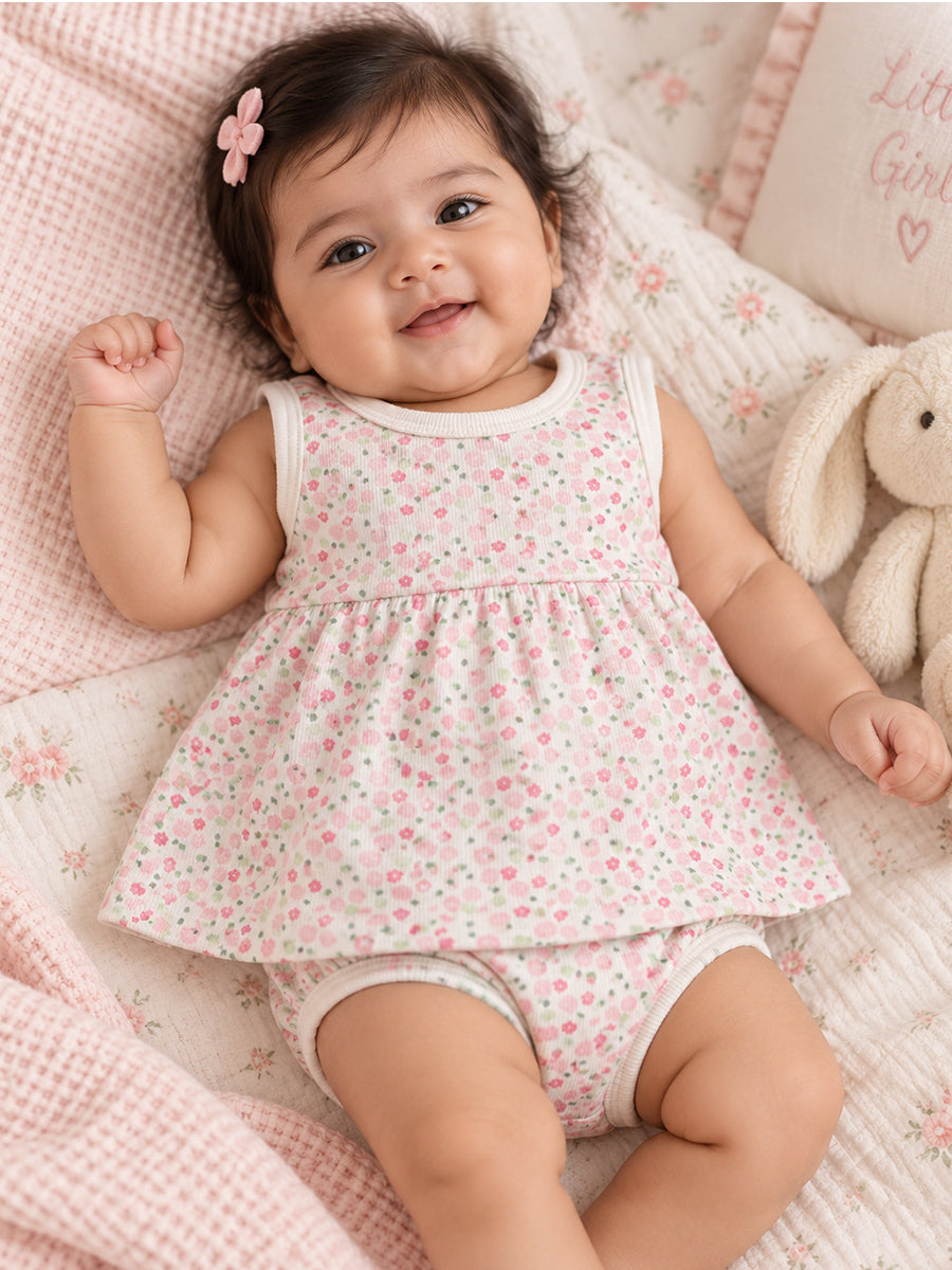 Ziva Baby Girl Frock with Pantie – Off White Pink Blossom Print | Premium Knitted Cotton | Back Knot Tie | 2-Piece Set