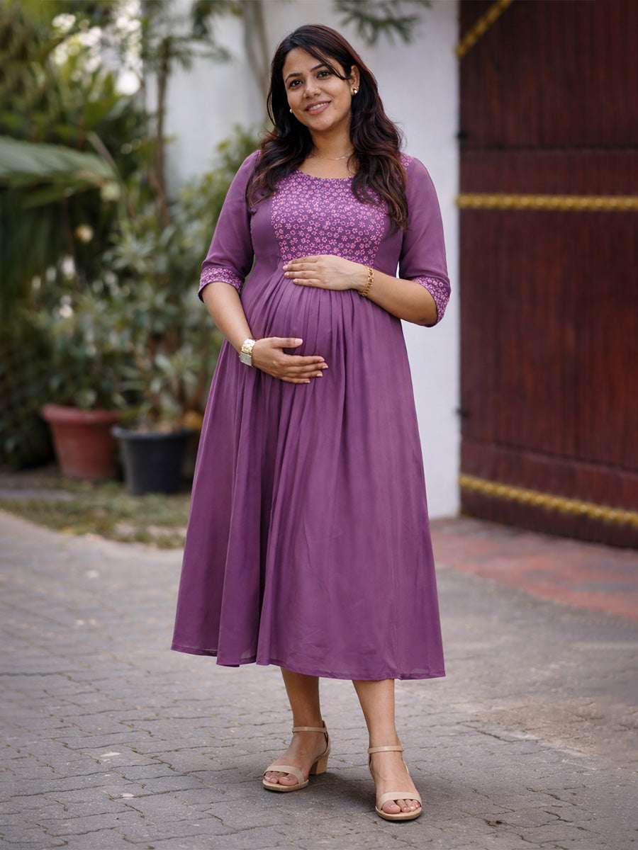 ZIVA Maternity & Feeding Elegant Purple Party Wear Dress with Pleated Yoke & D-Net Sleeves
