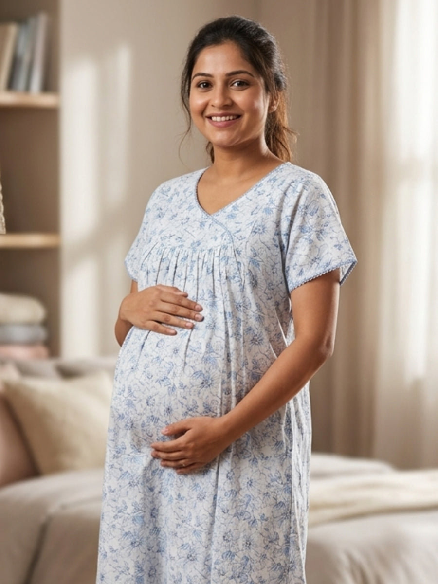 Ziva Cotton Maternity & Feeding Short Nighty with Pocket and Two Side Invisible Feeding Zips  – Light Blue Floral
