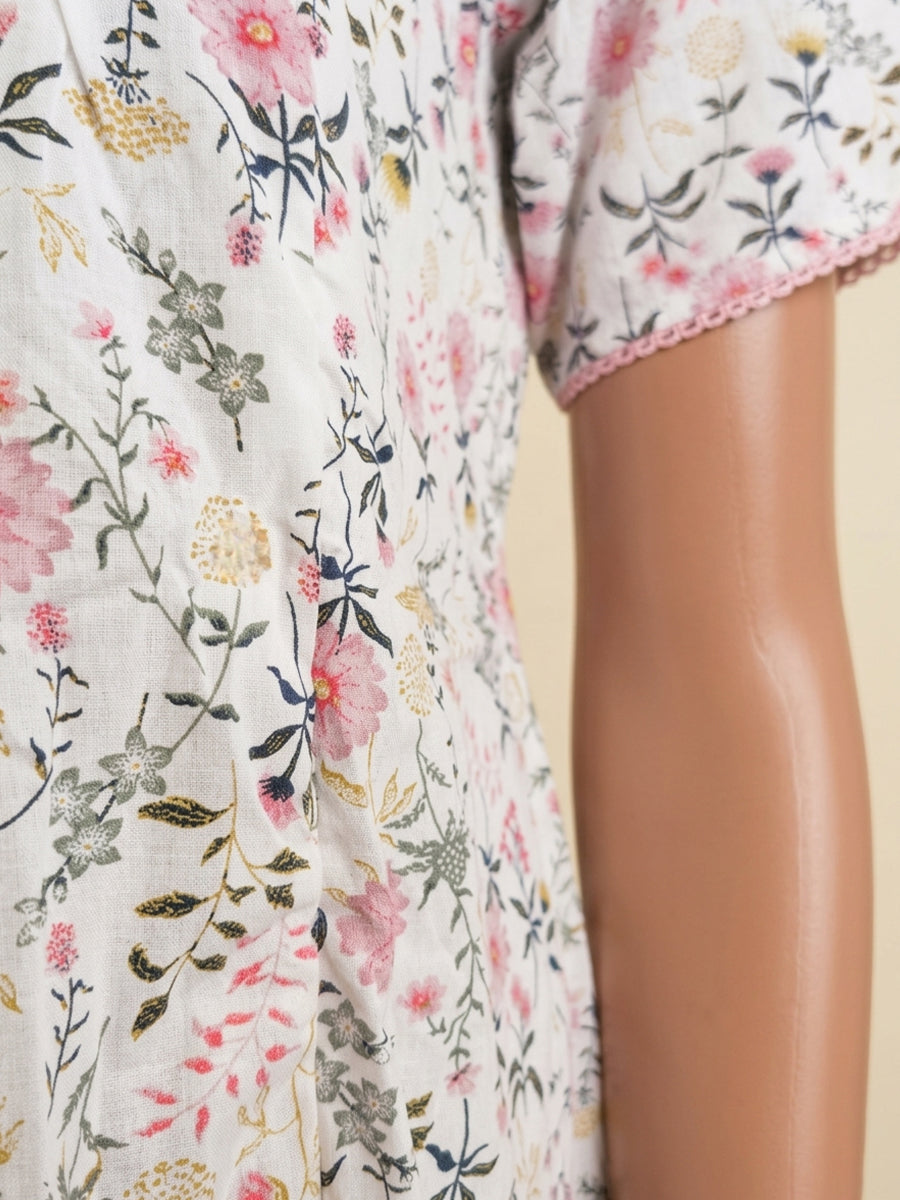 Ziva Cotton Maternity & Feeding Short Nighty with Pocket and Two Side Invisible Feeding Zips  – Pink & Yellow Floral