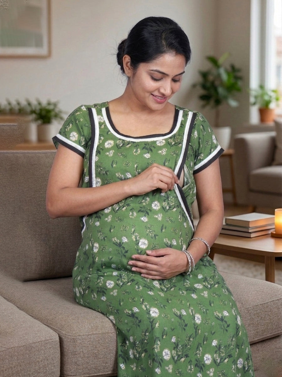 Ziva Maternity & Feeding Full-Length Night Gown – Dark Green Floral | Zipless Feeding | A-Line Comfort | Soft Lace Finish