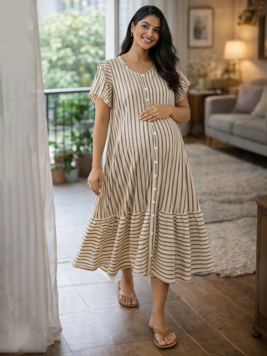 Ziva Maternity & Feeding Full Open Short Nighty with Full Button & Pocket – Cream & Black Stripes