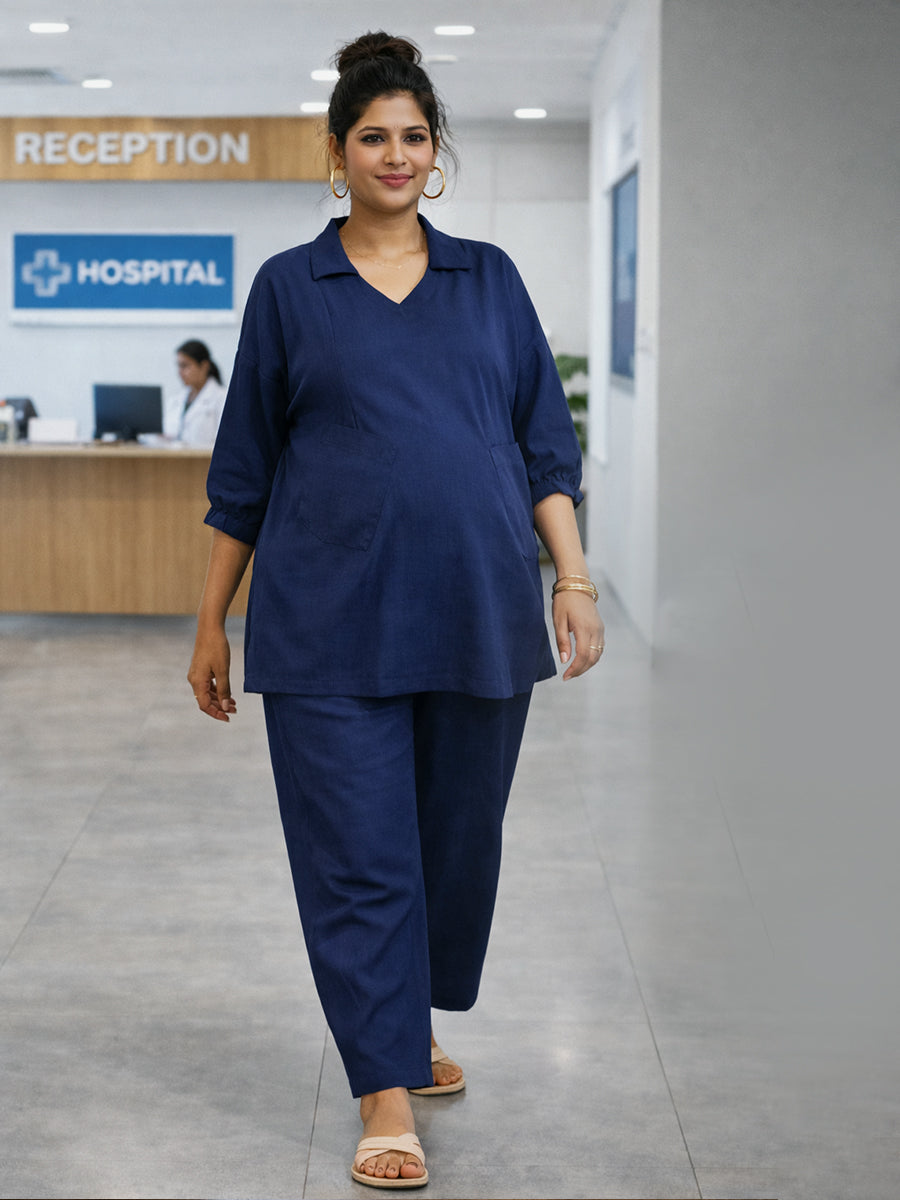 Ziva Maternity & Feeding Co-ord Set with Invisible Nursing Zip & Wide-Leg Adjustable Pant – Navy Blue
