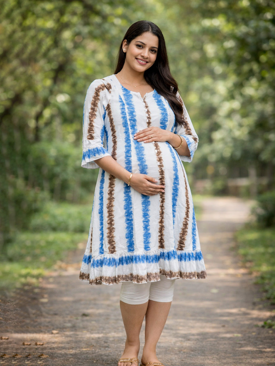 ZIVA White Tie-Dye Rayon Maternity & Feeding Knee-Length Dress with Potli Button Yoke
