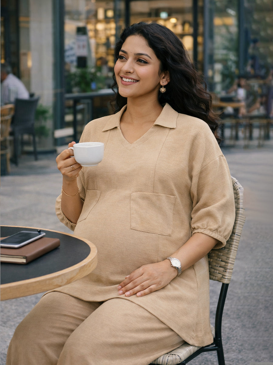 Ziva Maternity & Feeding Co-ord Set with Invisible Nursing Zip & Wide-Leg Adjustable Pant – Khaki