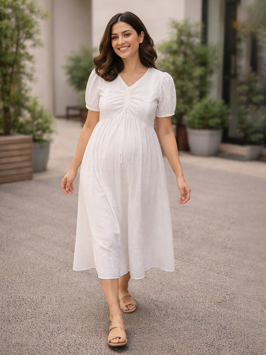 Ziva White Cotton Maternity & Feeding Dress with Bead & Thread Work – Easter Edition | Festive Collection