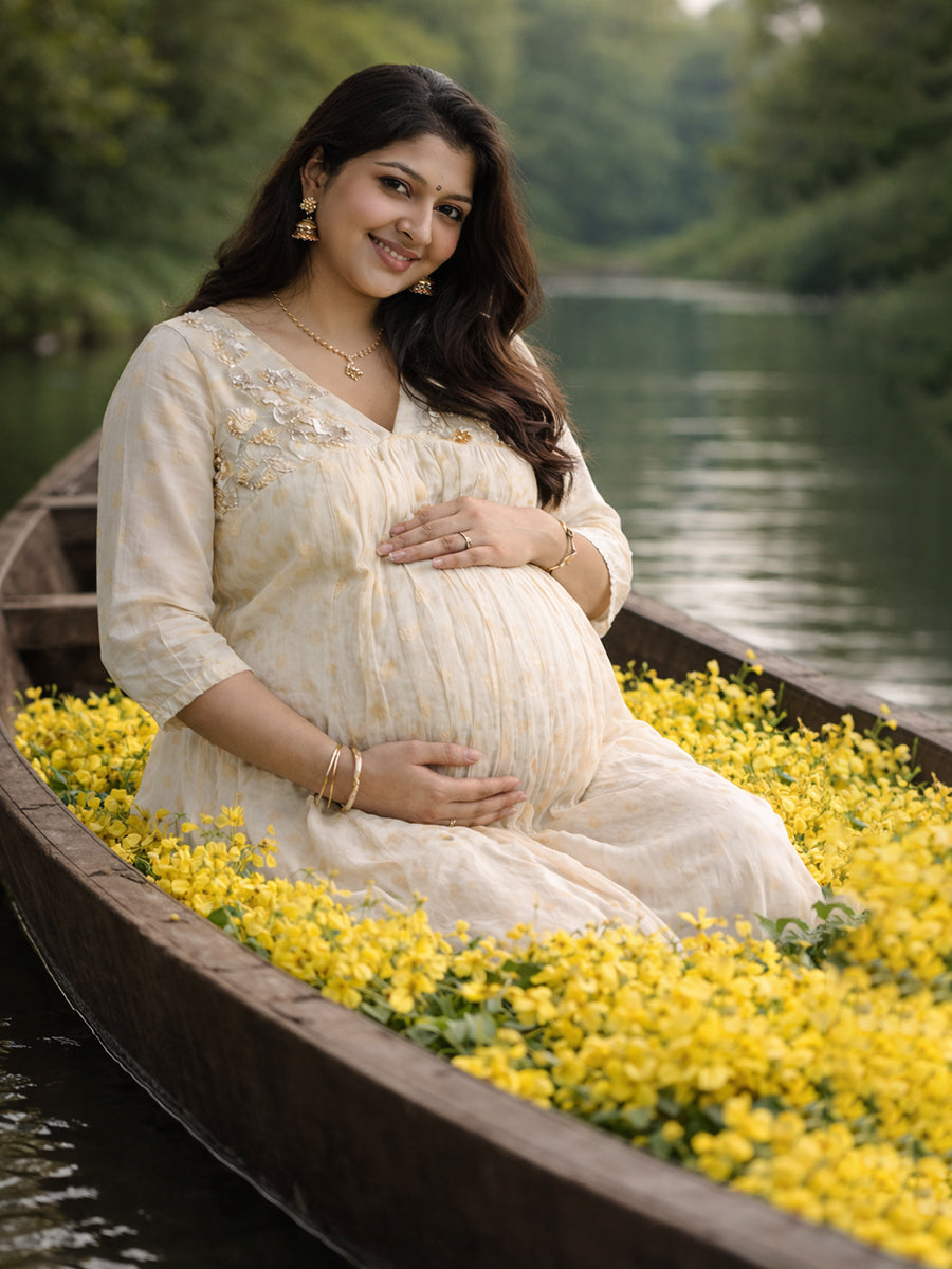 Ziva Maternity & Feeding Cotton Midi Dress with Concealed Zip – Off-White Gold Polka Vishu & Festive Collection