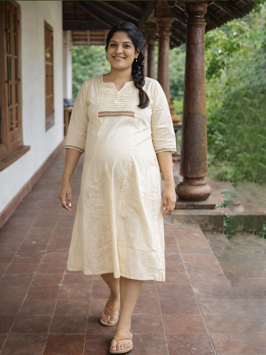 Ziva Maternity & Feeding Cotton Midi Dress with Lace Detail & Concealed Zip – Off-White Vishu & Festive Collection