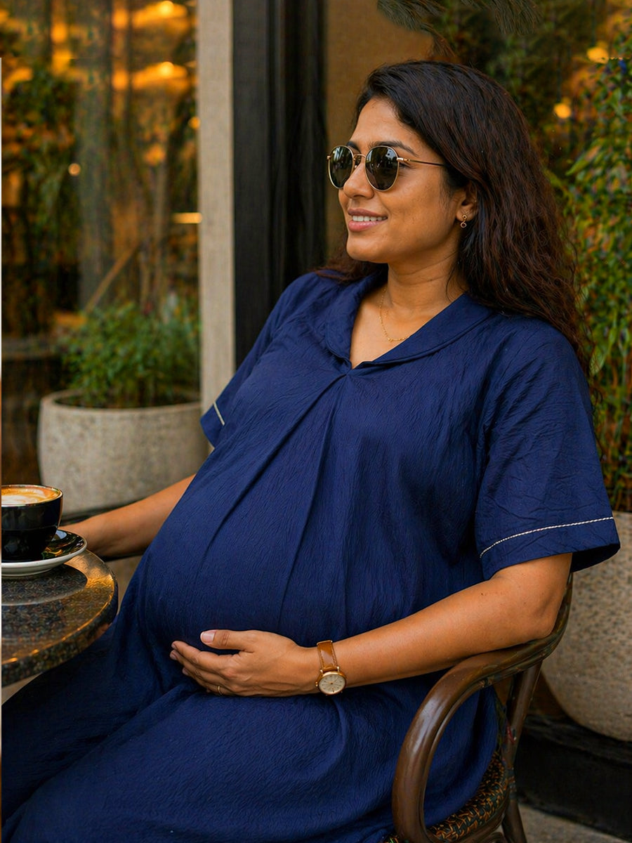 Ziva Maternity & Feeding A-Line Dress with Zip & Pocket – Deep Blue