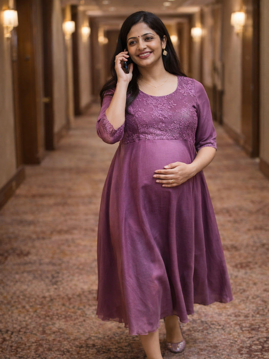 ZIVA Elegant Purple Maternity & Feeding Multi-Purpose Party Wear Dress with Princess Yoke & D-Net Sleeves