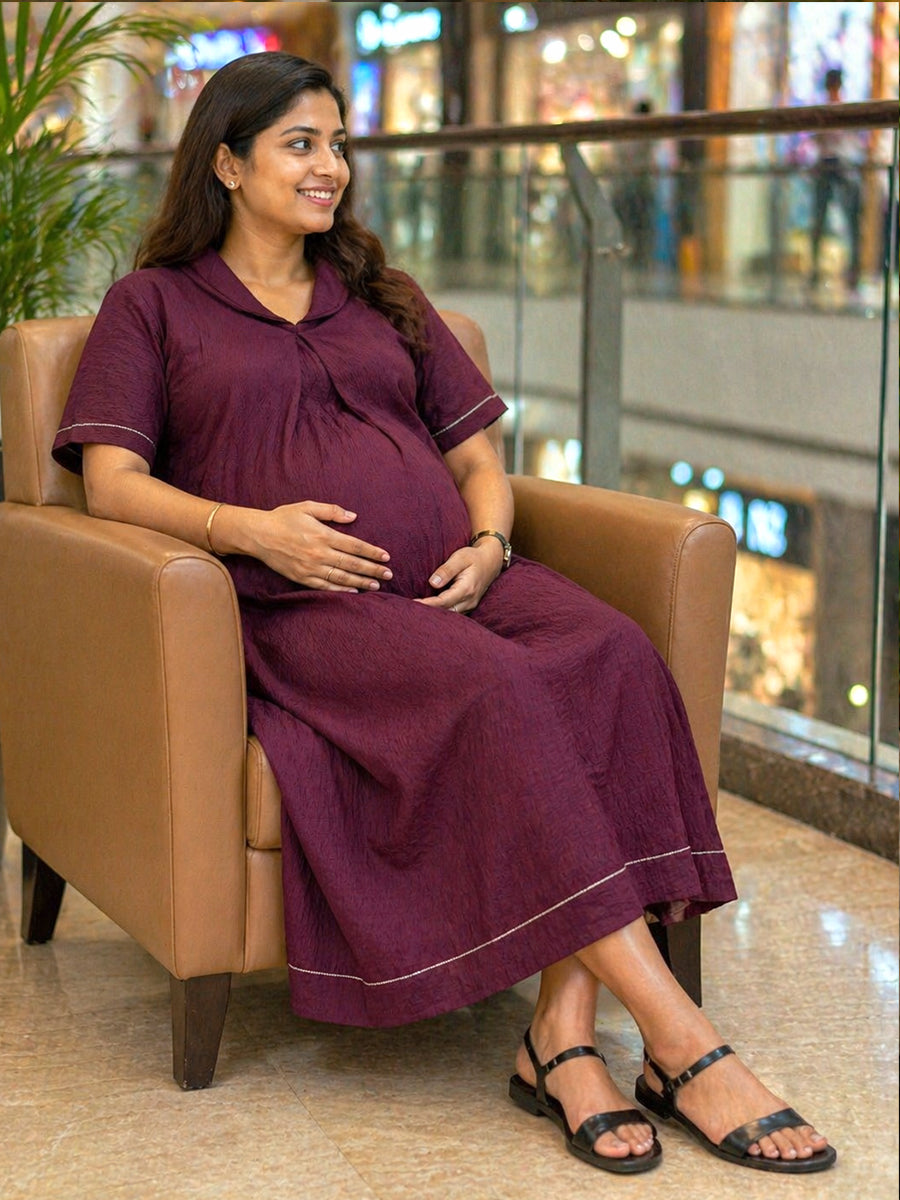 Ziva Maternity & Feeding  A-Line Dress with Zip & Pocket – Maroon