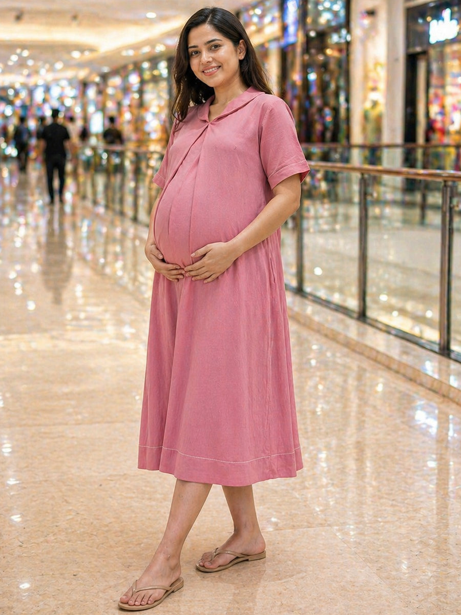 Ziva Maternity & Feeding  A-Line Dress with Zip & Pocket – Faded Pink