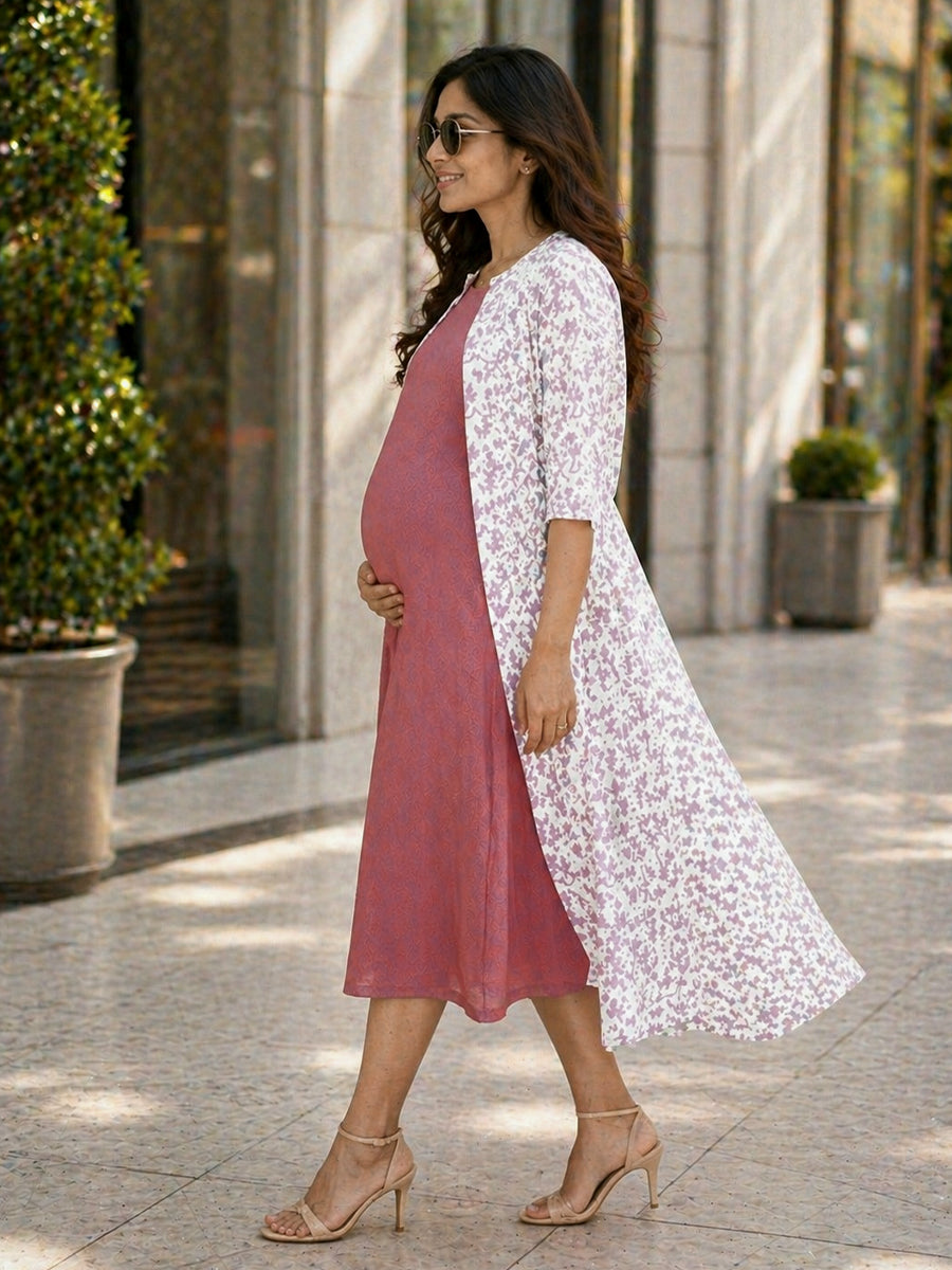 Ziva Maternity & Feeding Dress with Sleeveless Inner & Long Jacket – Pink & White