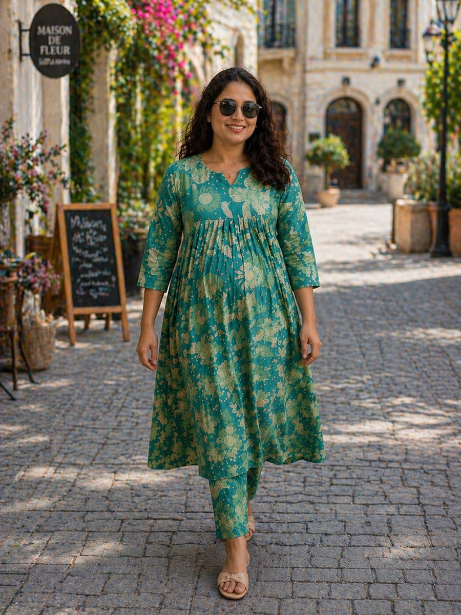 Ziva Maternity & Feeding Ethnic Co-ord Set with Nursing Zip & Wide-Leg Adjustable Pant – Green Floral