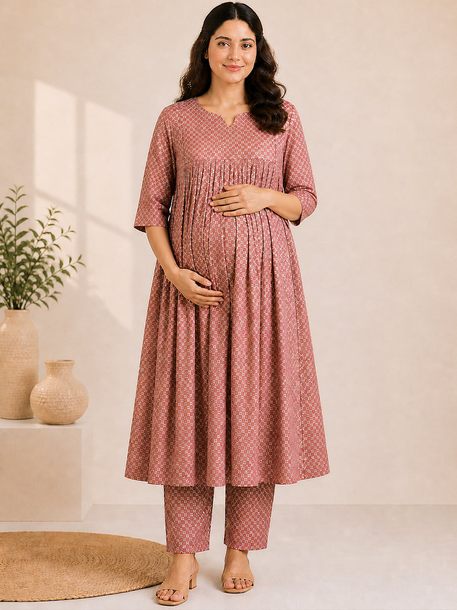 Ziva Maternity & Feeding Ethnic Co-ord Set with Nursing Zip & Wide-Leg Adjustable Pant – Dusty Rose Gold Print