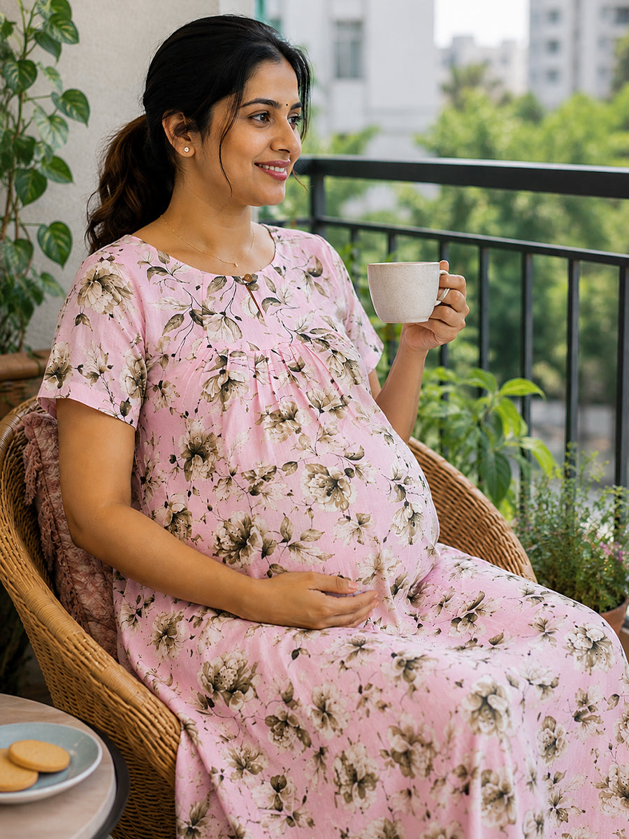 Ziva Maternity & Feeding Cotton Short Nighty with Zip & Pocket – Light Pink Floral