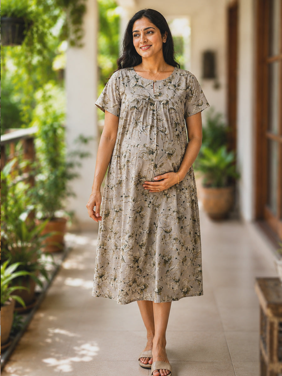 Ziva Maternity & Feeding Cotton Short Nighty with Zip & Pocket – Ash Green Floral