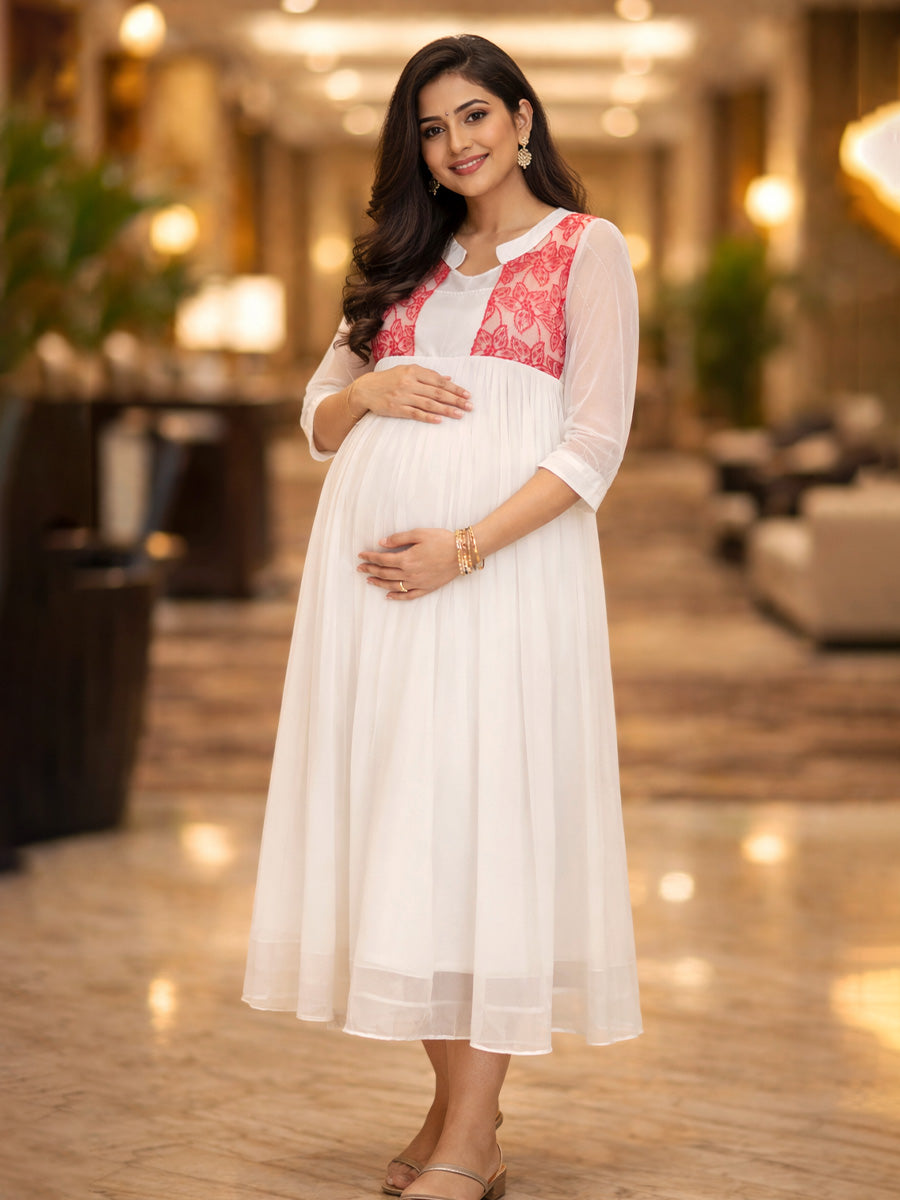 ZIVA Elegant White & Red Maternity & Feeding Party Wear Kurti with D-Net Embroidered Yoke