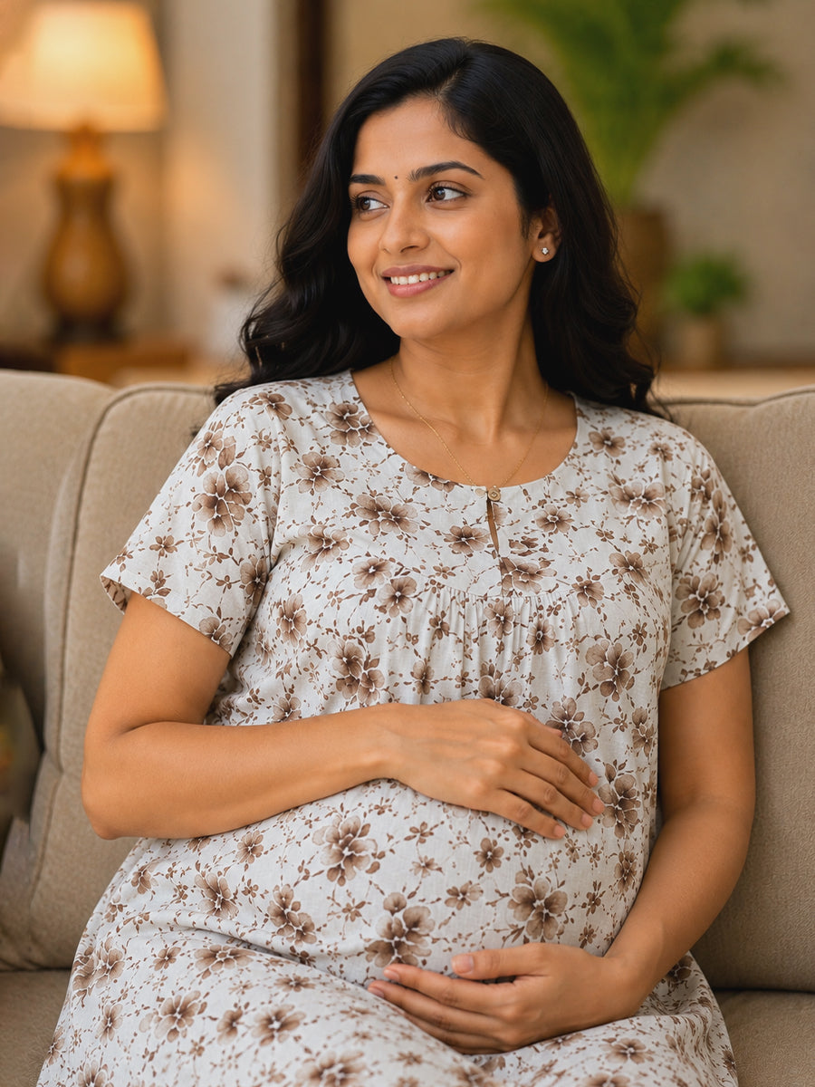 Ziva Maternity & Feeding Cotton Short Nighty with Zip & Pocket – White & Brown Ditsy Floral