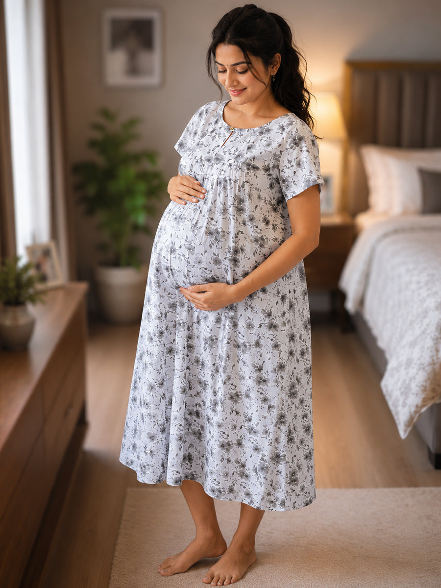 Ziva Maternity & Feeding Cotton Short Nighty with Zip & Pocket – White & Grey Ditsy Floral