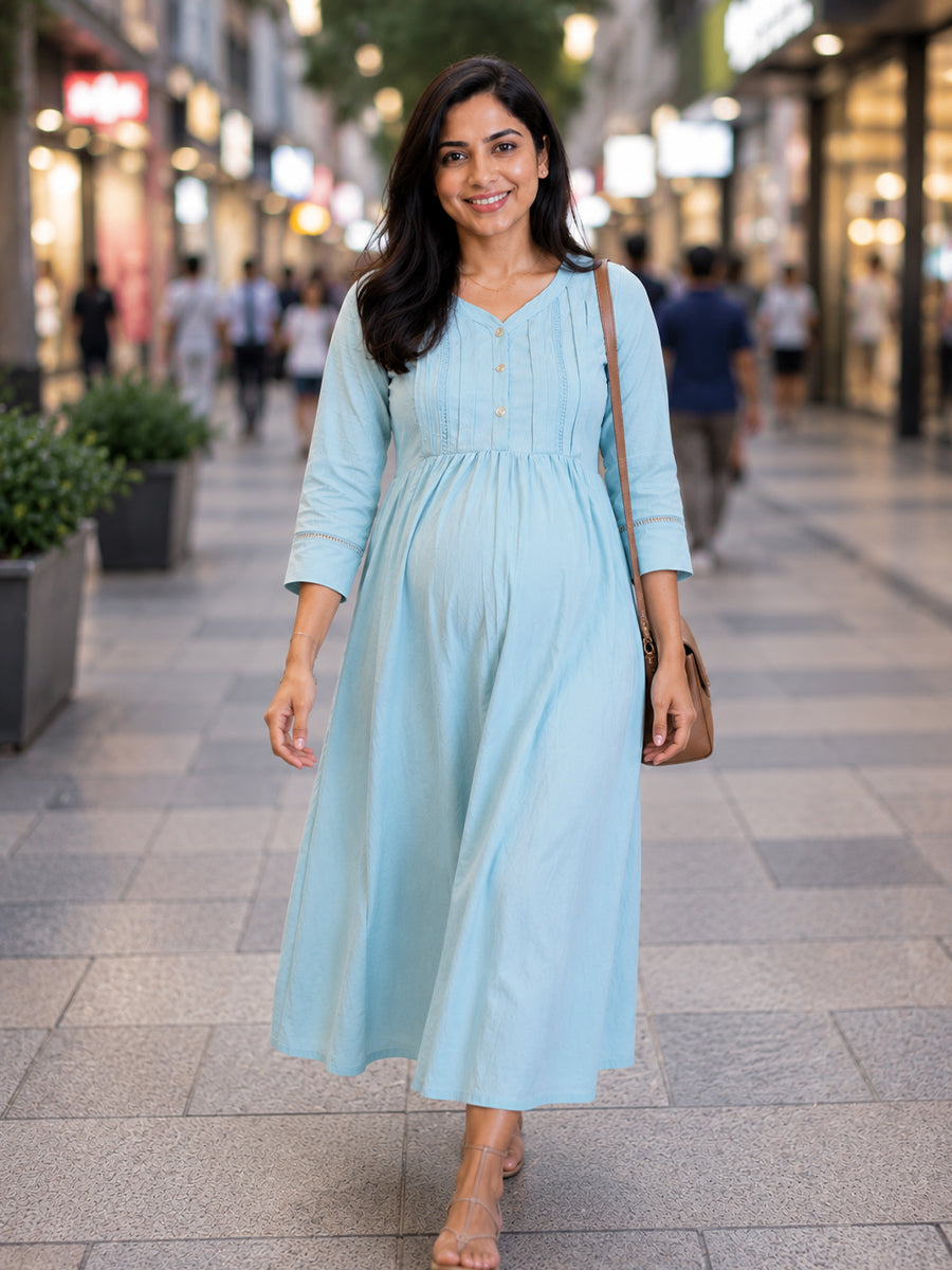 Ziva Maternity & Feeding Crinkle Textured Dress with Invisible Feeding Zip & Pocket – Light Teal Blue