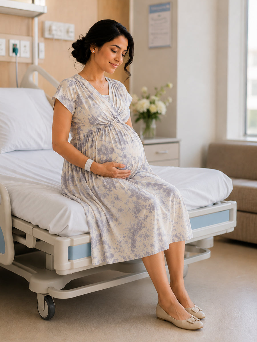Ziva Maternity & Feeding Knitted Cotton Midi Dress with Zipless Feeding Access & Pocket – Misty Grey Cloud Wash Tie-Dye