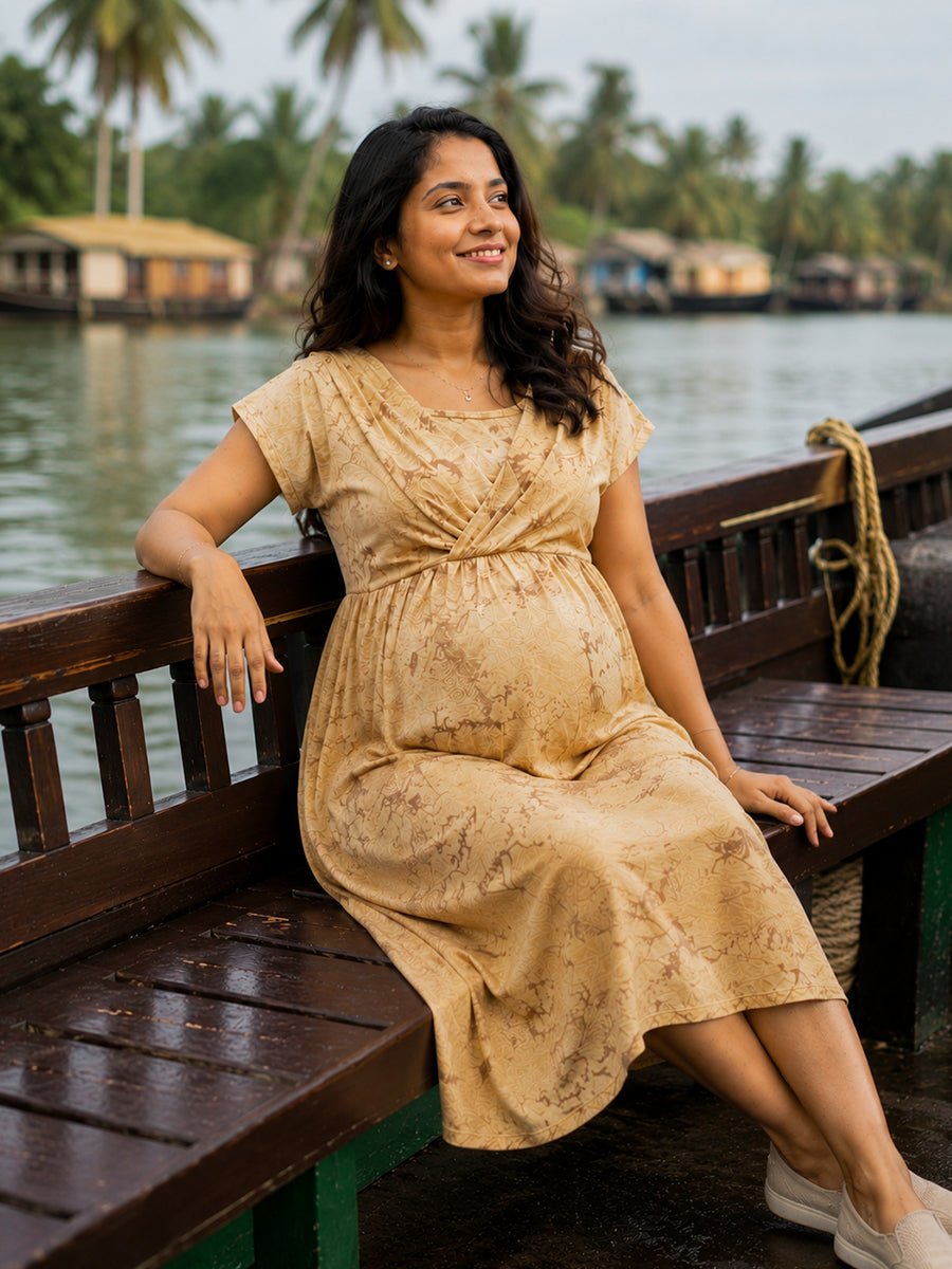 Ziva Maternity & Feeding Knitted Cotton Midi Dress with Zipless Feeding Access & Pocket – Light Golden Brown Tie-Dye