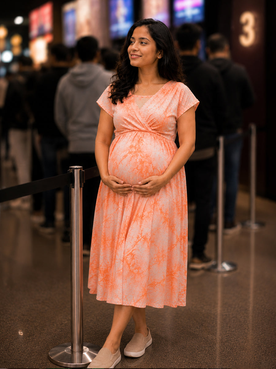 Ziva Maternity & Feeding Knitted Cotton Midi Dress with Zipless Feeding Access & Pocket – Orange Tie-Dye
